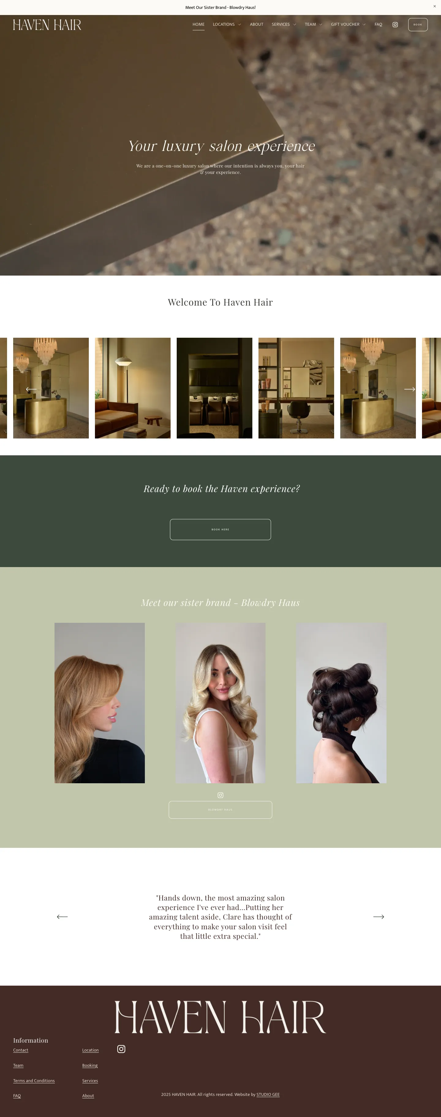Homepage of Haven Hair