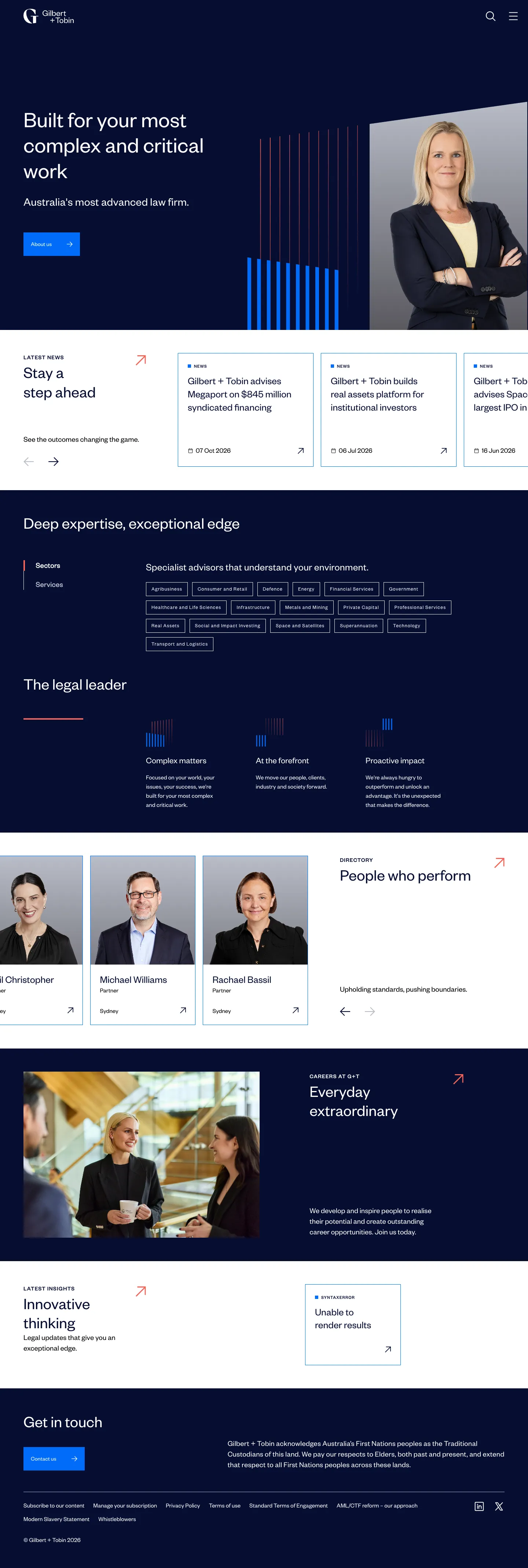 Homepage of Gilbert + Tobin