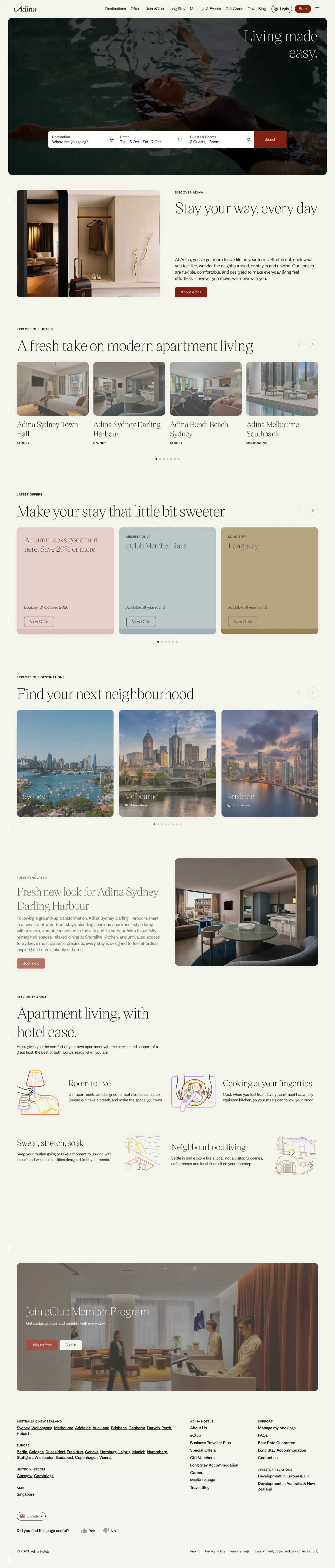 Homepage of Adina Hotels