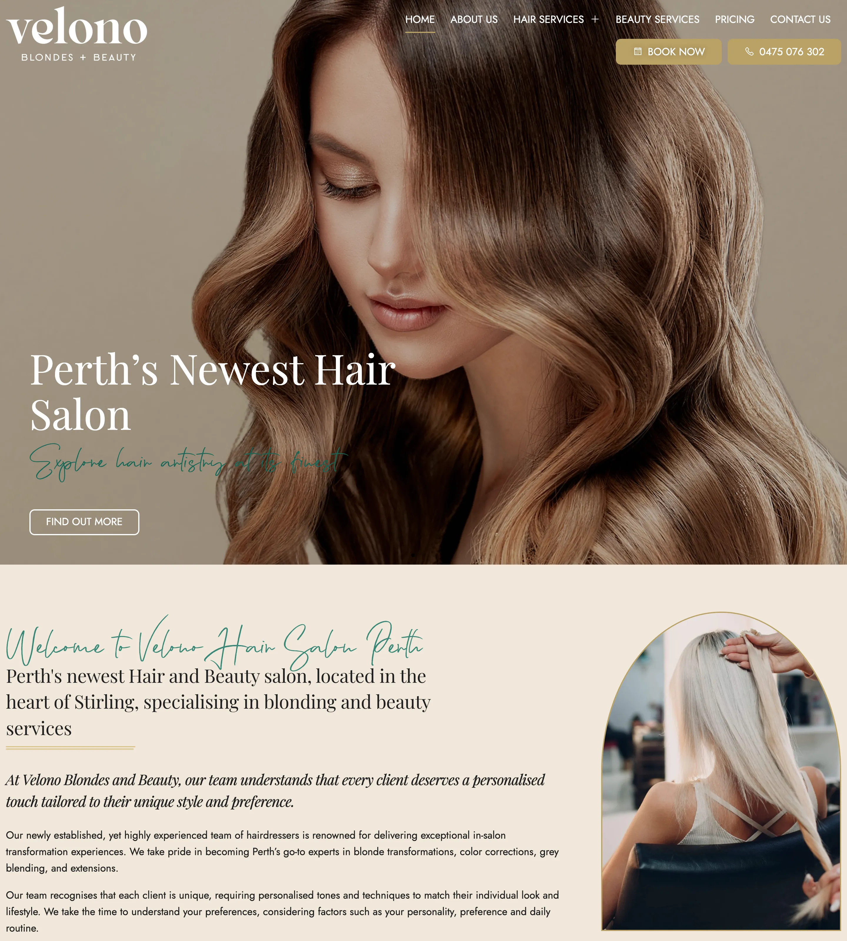 Homepage of Velono Blondes + Beauty