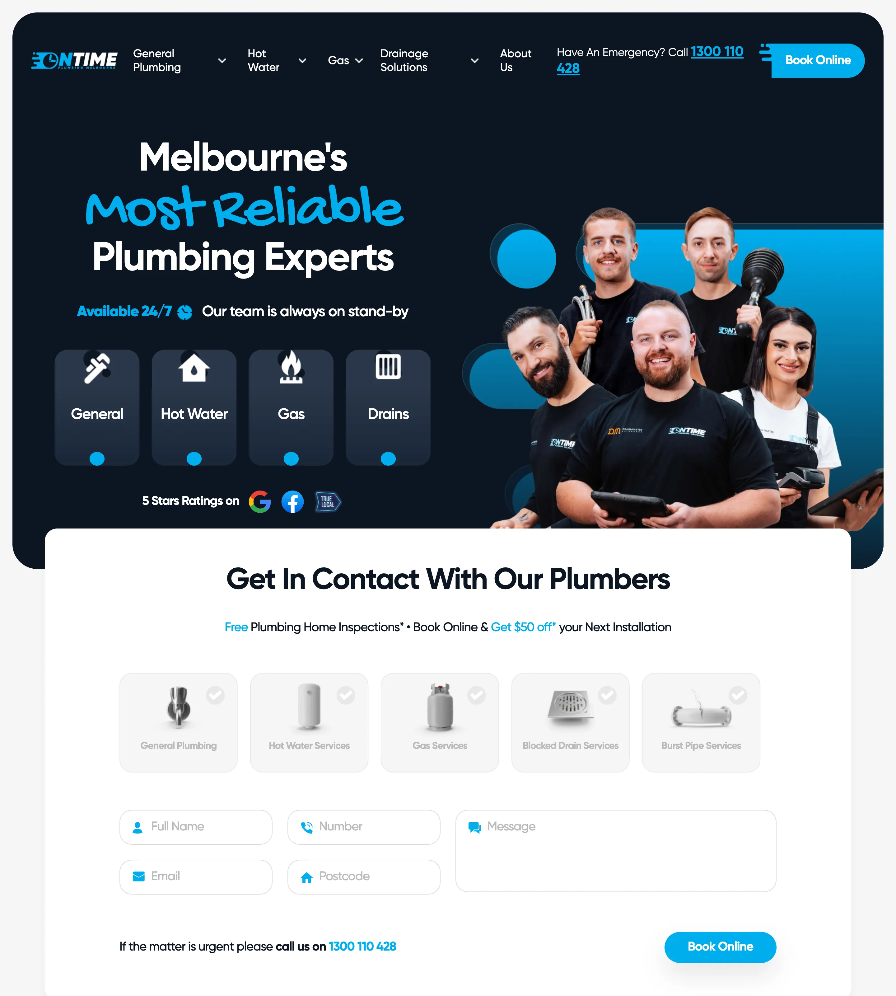 Homepage of On Time Plumbing