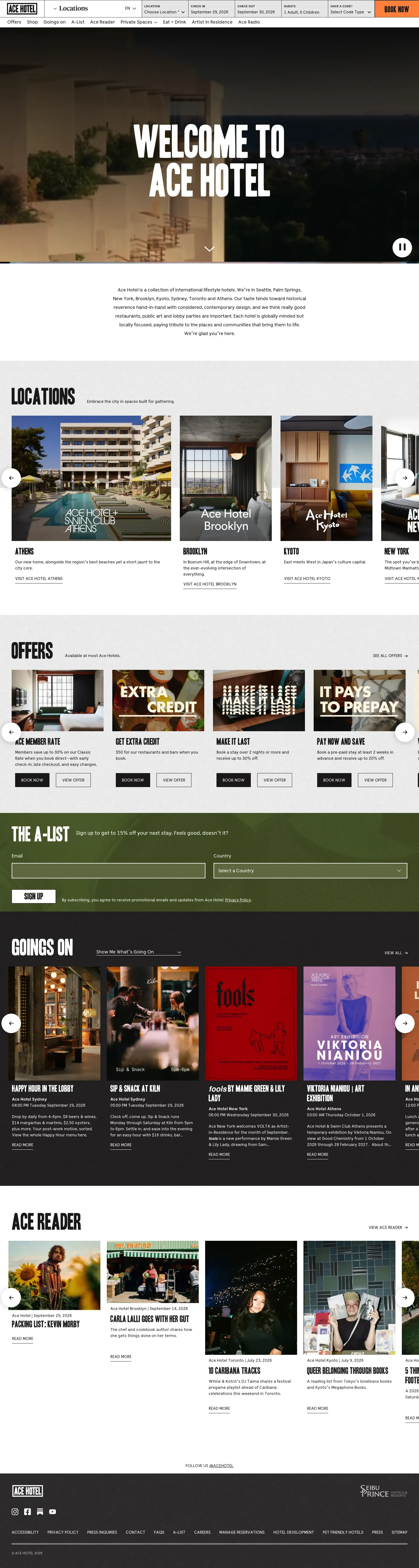 Homepage of Ace Hotels