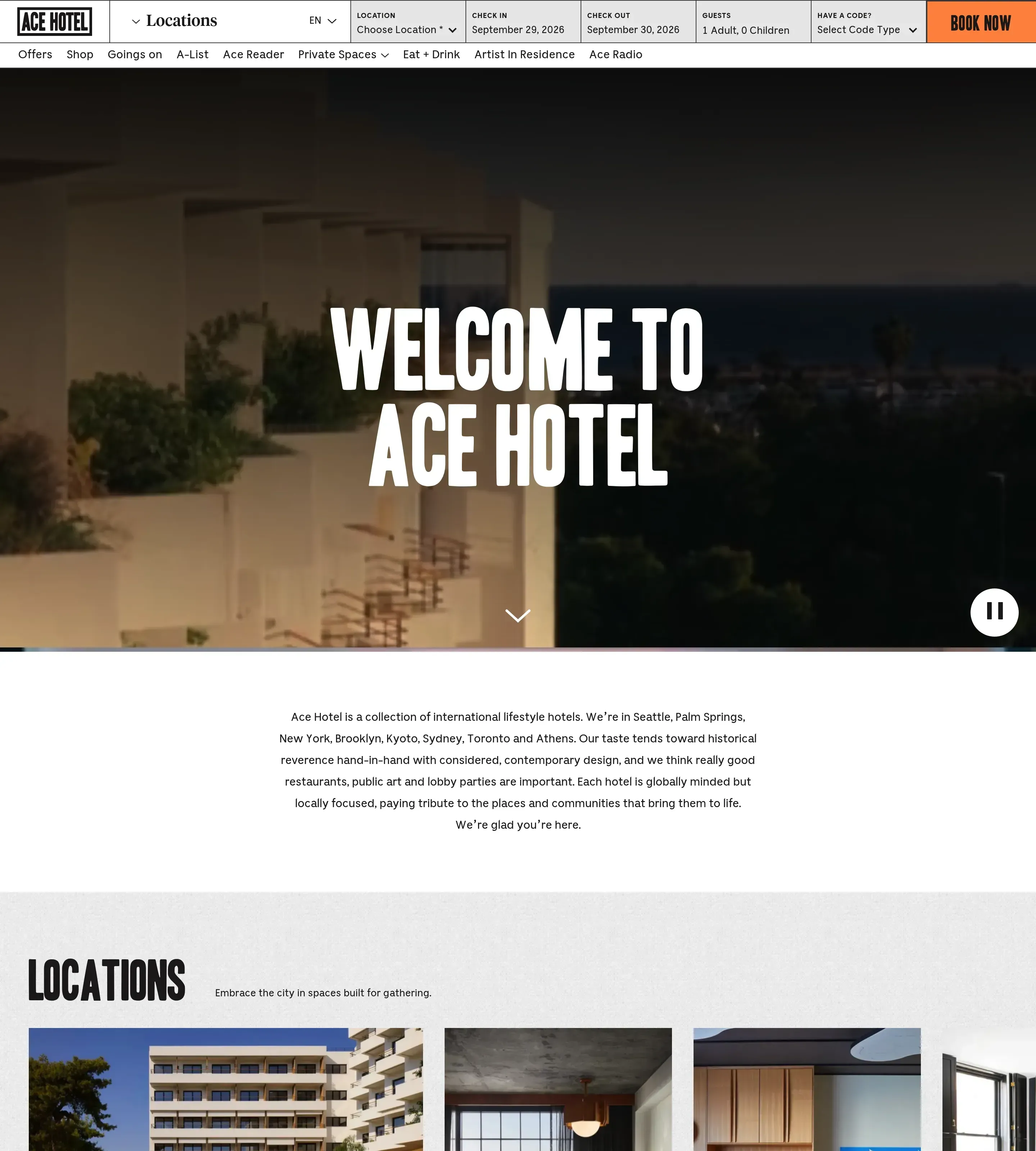 Homepage of Ace Hotels