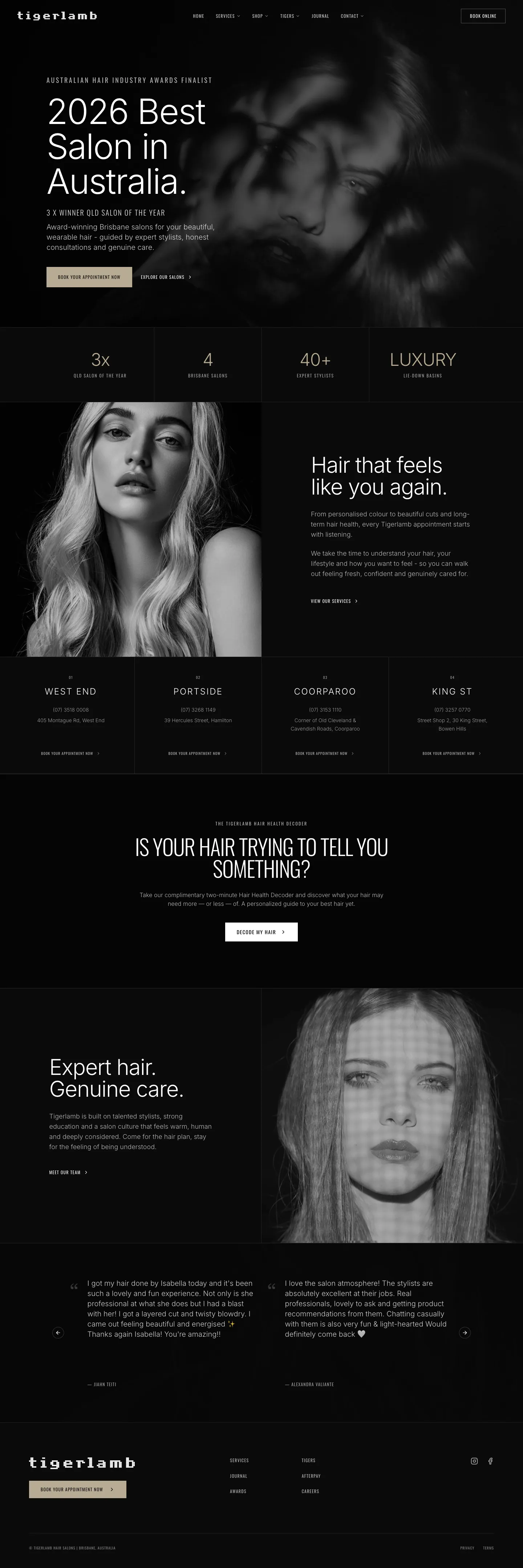 Homepage of Tigerlamb Hair Salons